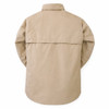 Back view of khaki NICA long sleeve shooting shirt with mesh vented panel for breathability