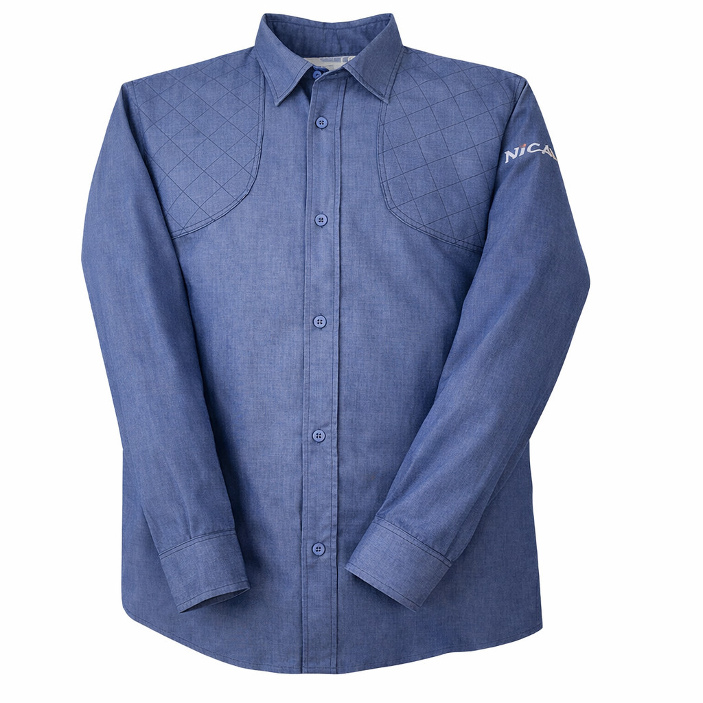 Blue long-sleeve shooting shirt with quilted shoulder pads, button-down front, and NICA logo on the sleeve.
