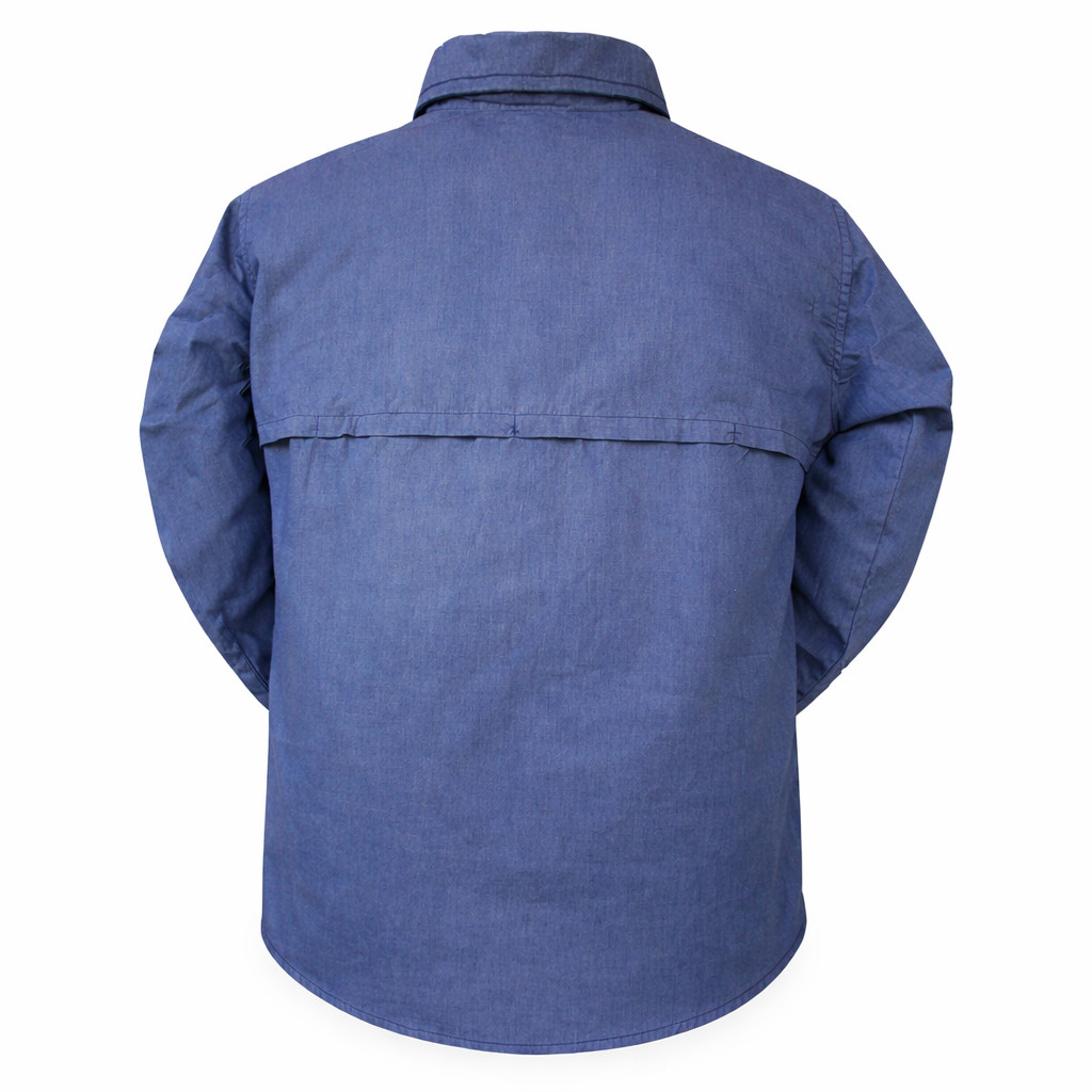 Back view of blue NICA long sleeve shooting shirt featuring mesh back for airflow