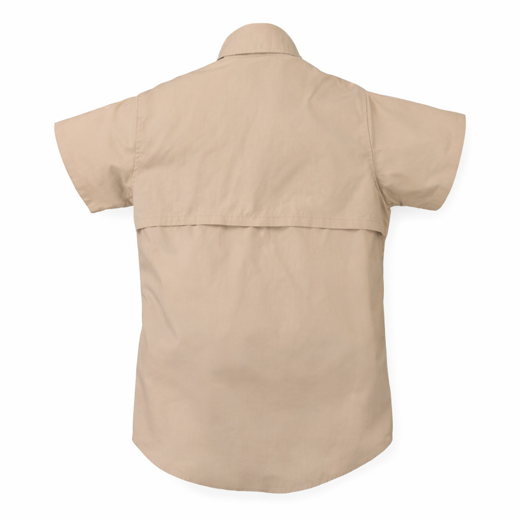 Khaki short-sleeve shooting shirt, back view. Cotton fabric, collared, with a mesh back panel.