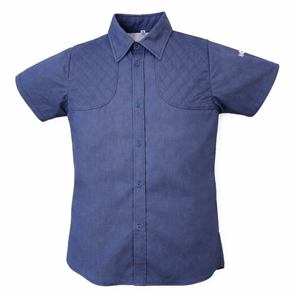 Front view of NICA short sleeve shooting shirt in blue with ambidextrous shooting pads and tailored fit