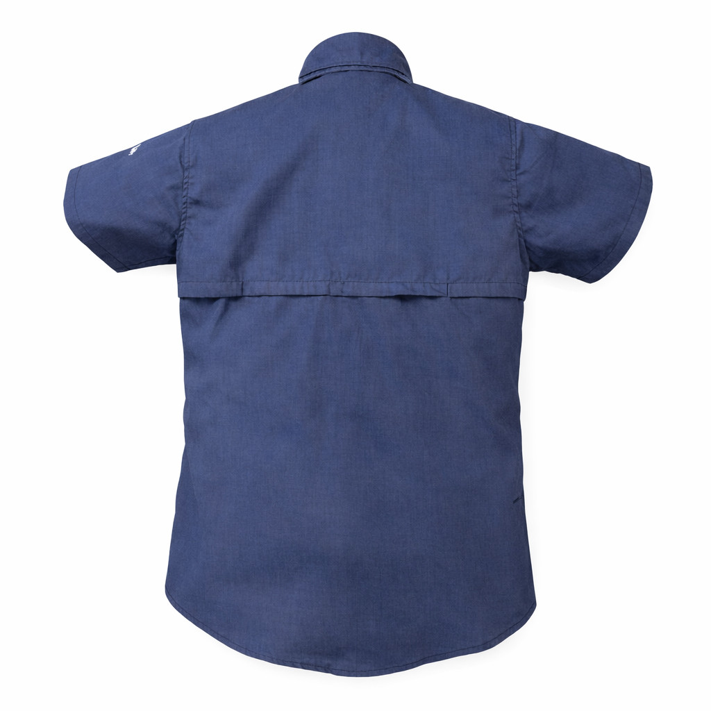 Back view of blue NICA short sleeve shooting shirt showing breathable mesh back design