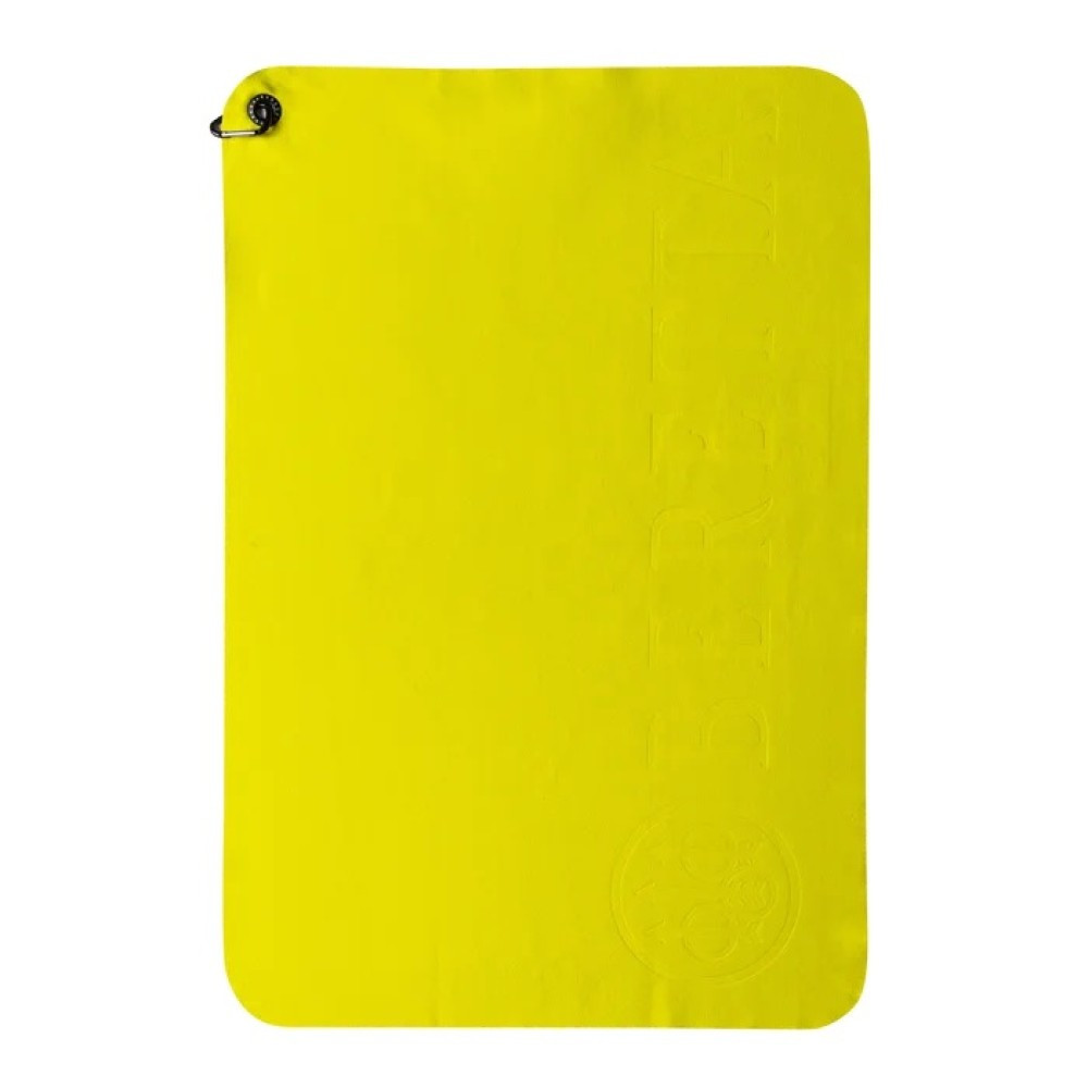 Yellow Beretta shooting towel, metal eyelet, embossed logo, rounded corners.