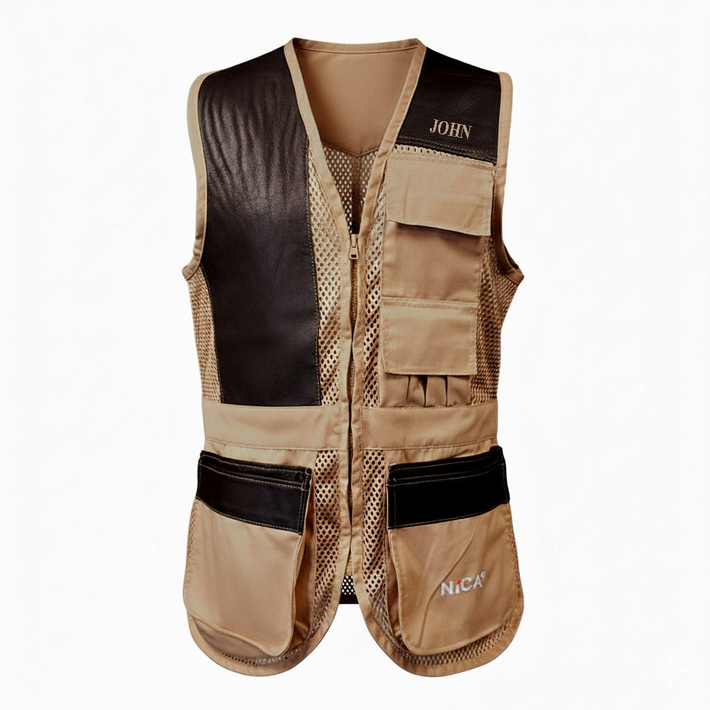 Tan shooting vest with black leather shoulder patches, mesh, and pockets; "JOHN" embroidered on the shoulder.