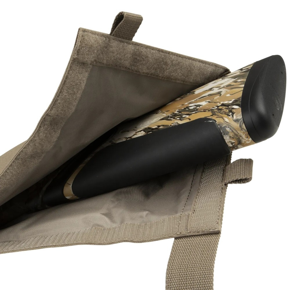 Hazelnut Beretta gun case, open flap, showing camouflage shotgun stock, tan fabric, velcro closure.