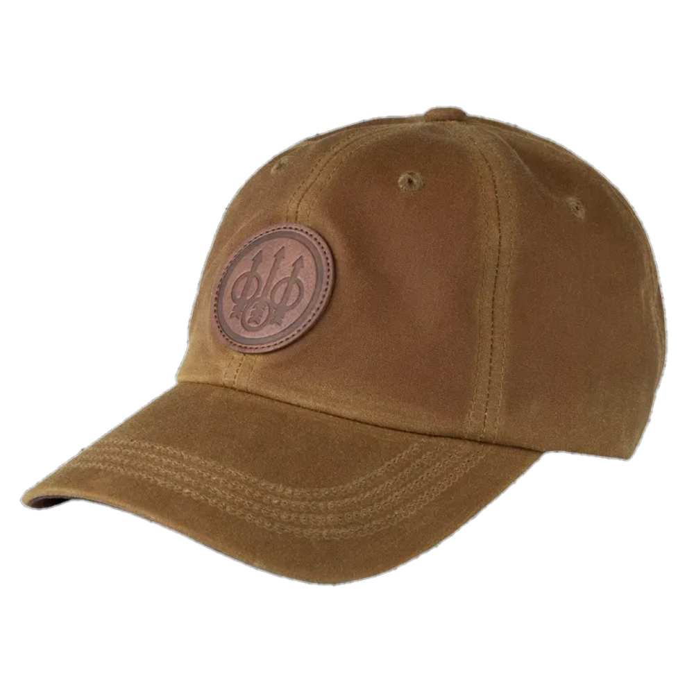 Brown waxed cotton Beretta cap with a leather patch and curved visor.