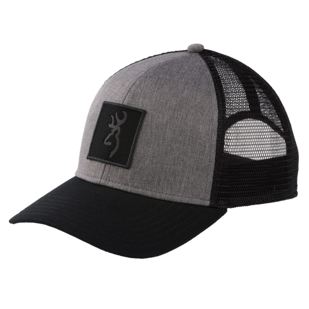 Gray and black Browning Crest Cap. Mesh back, embroidered Buckmark patch, black brim.