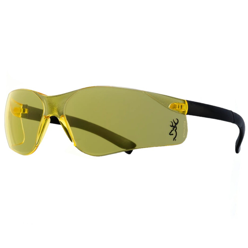 Yellow-tinted Browning shooting glasses with black arms; angled view.
