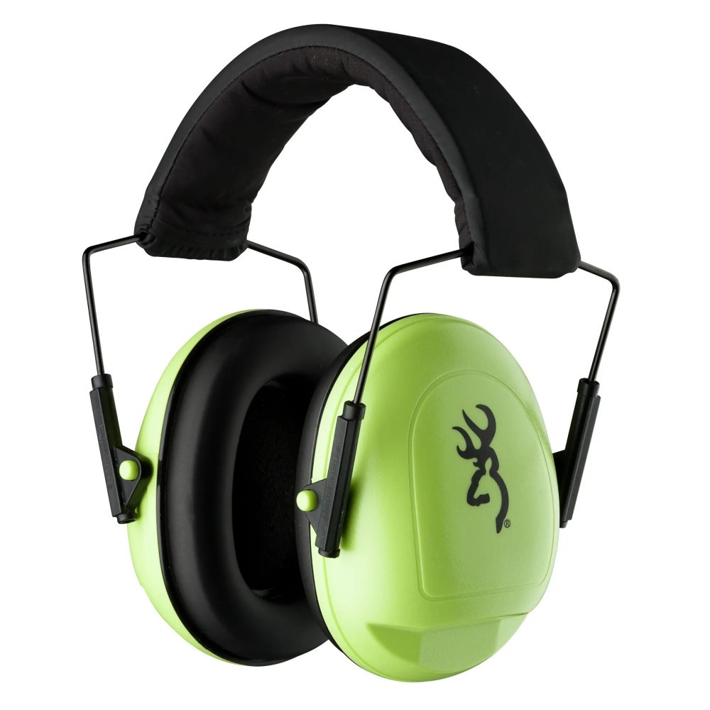 Lime green Browning earmuffs with black padding and frame, angled view.
