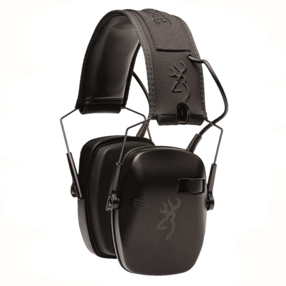 Black Browning Buckmark Elite hearing protection headphones, adjustable headband, low-profile earcups, angled view.
