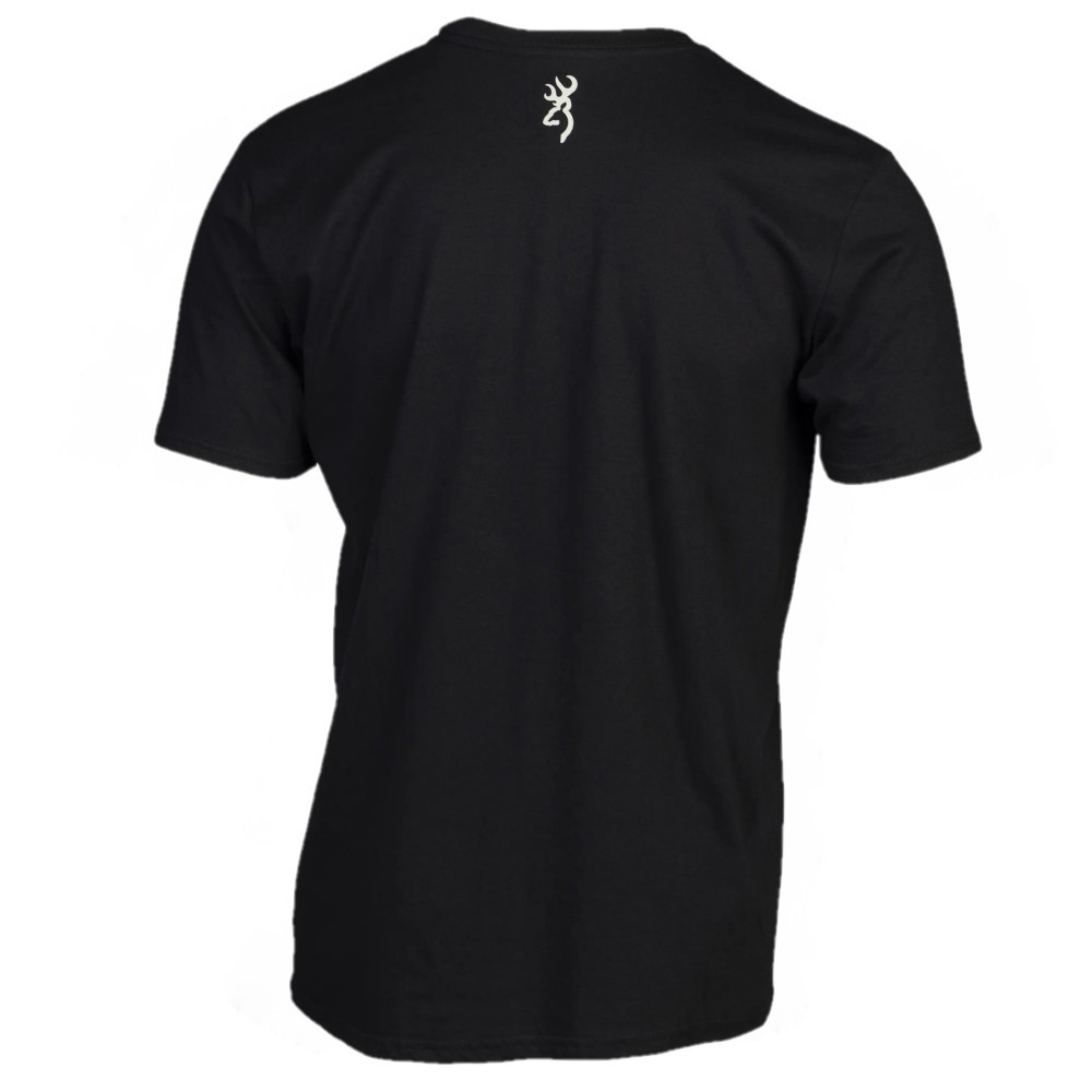 Black short-sleeve t-shirt with white Browning Buckmark logo on back neck