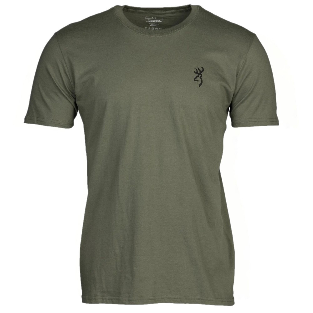 Green Browning t-shirt with black Buckmark logo on left chest.