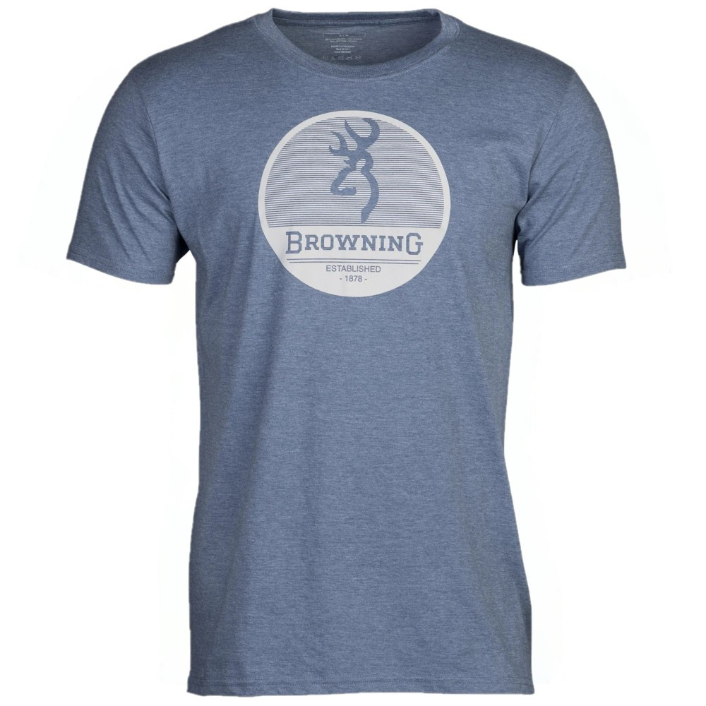Blue heathered Browning t-shirt with circular logo on front