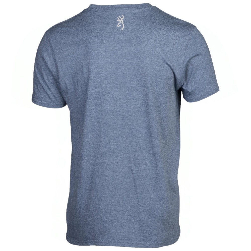 Back view of a blue heathered t-shirt with a small white Browning Buckmark logo on the upper back.