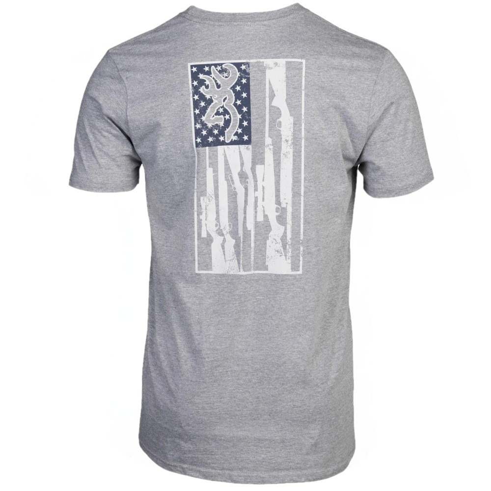 Gray short-sleeve t-shirt with distressed American flag graphic featuring guns and Browning logo.