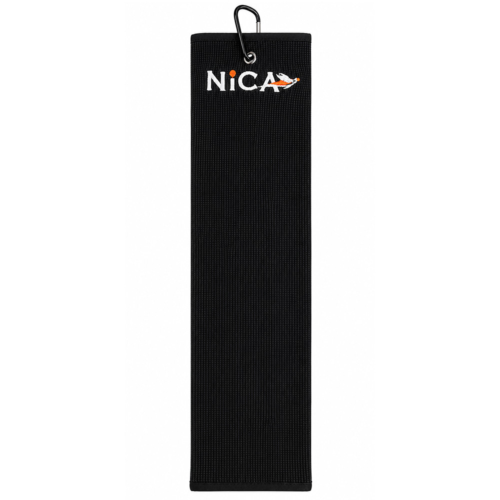 Black Nica shooting towel with carabiner clip and orange logo