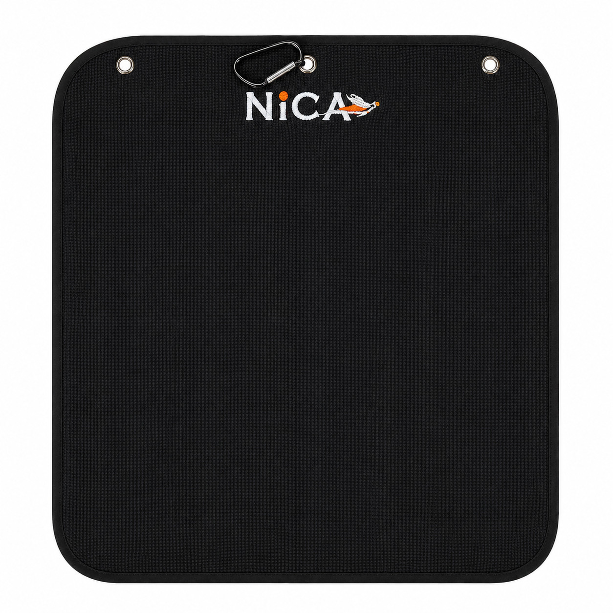 Black Nica shooting towel with carabiner and embroidered logo