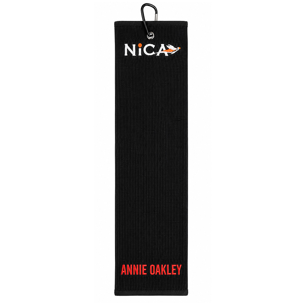 Personalized black microfiber shooting towel with custom embroidered name and carabiner clip for trap, skeet, and sporting clays shooters.