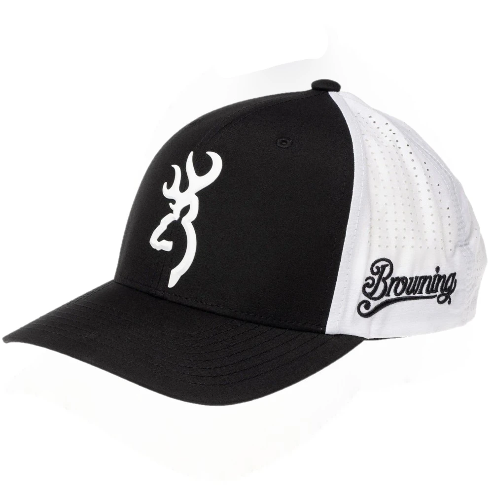 White Browning cap with deer logo and "Browning" text, perforated back panel.