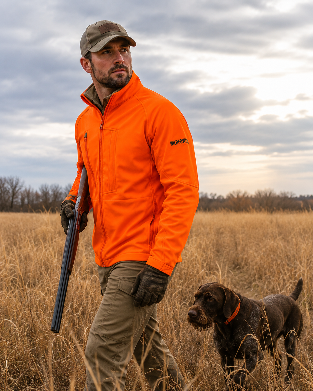 Man in blaze orange Wildfowler jacket and cap walks with a dog in a field.