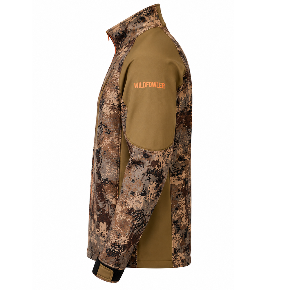Side view of a digital camo soft shell jacket with orange "WILDFOWLER" logo on sleeve.