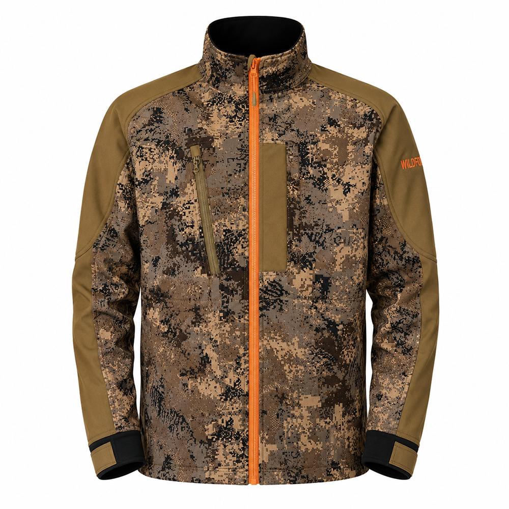 Wildfowler digital camo soft shell jacket with orange zipper and accents.