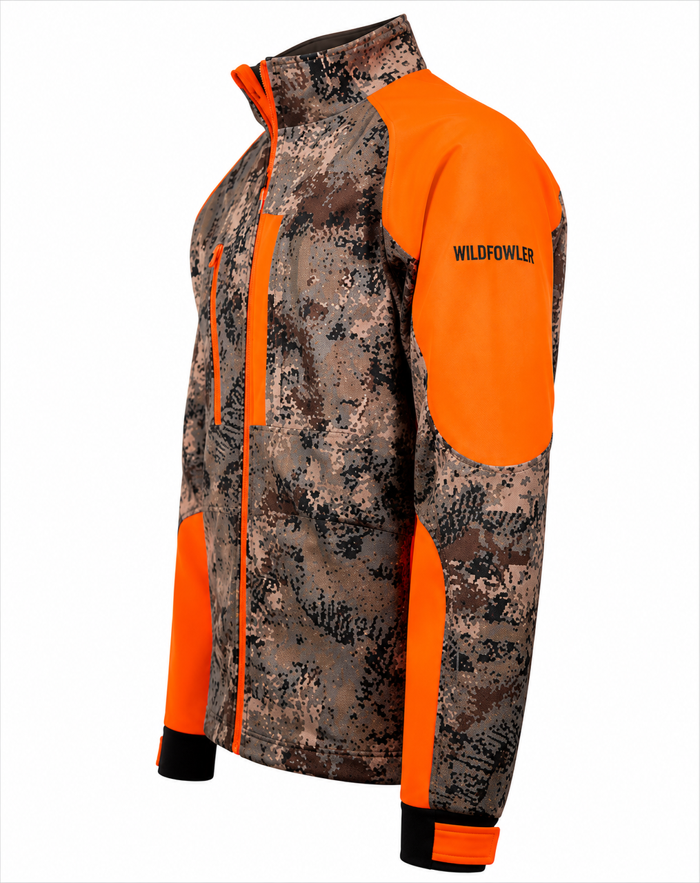 Wildfowler Digital Upland camo soft shell jacket with blaze orange accents
