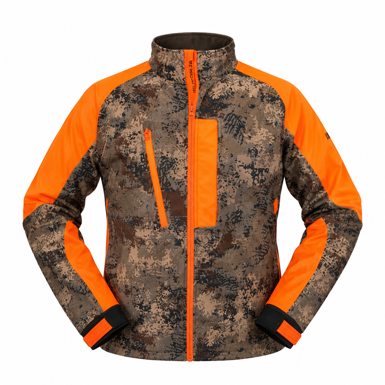 Digital Upland camo jacket with blaze orange sleeves and accents.