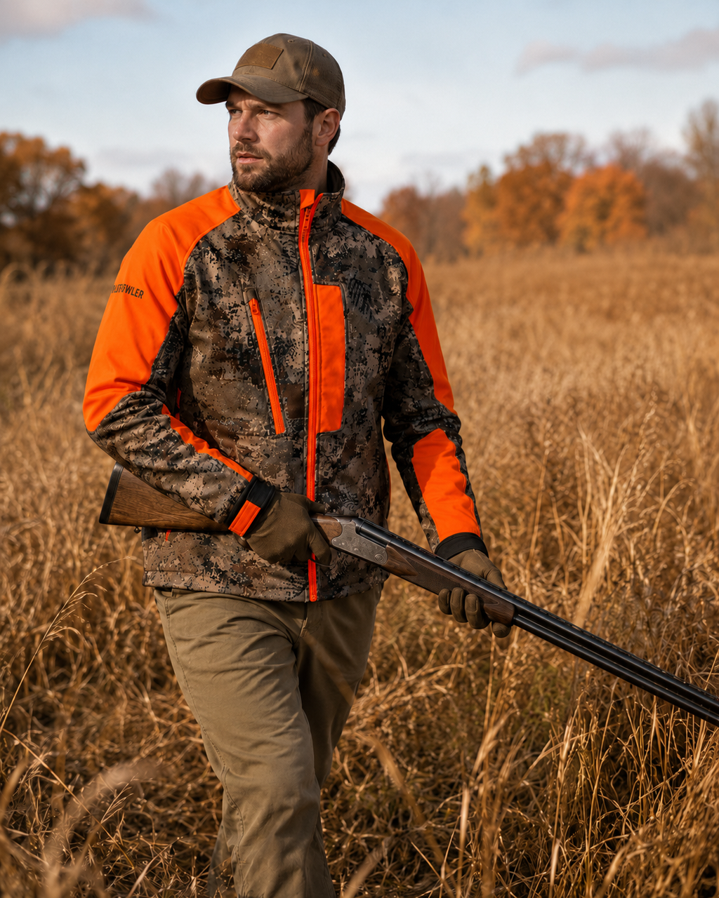 Man in orange and camo Wildfowler soft shell jacket holding shotgun in field