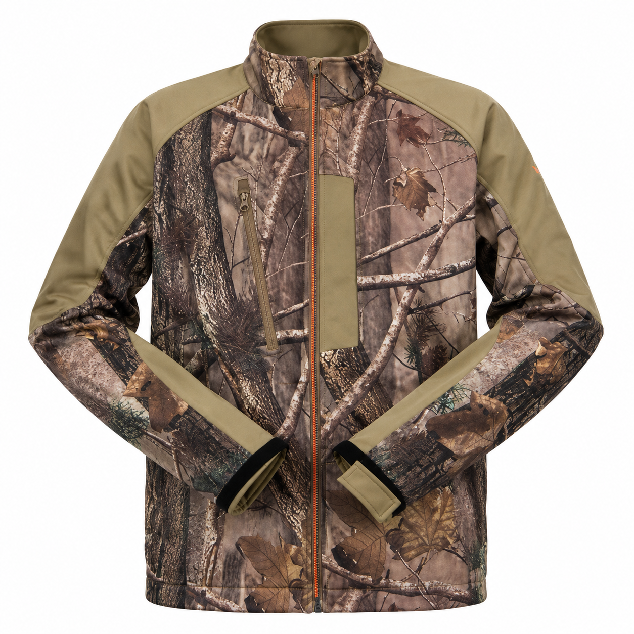Camouflage soft shell jacket with orange zipper and tan accents