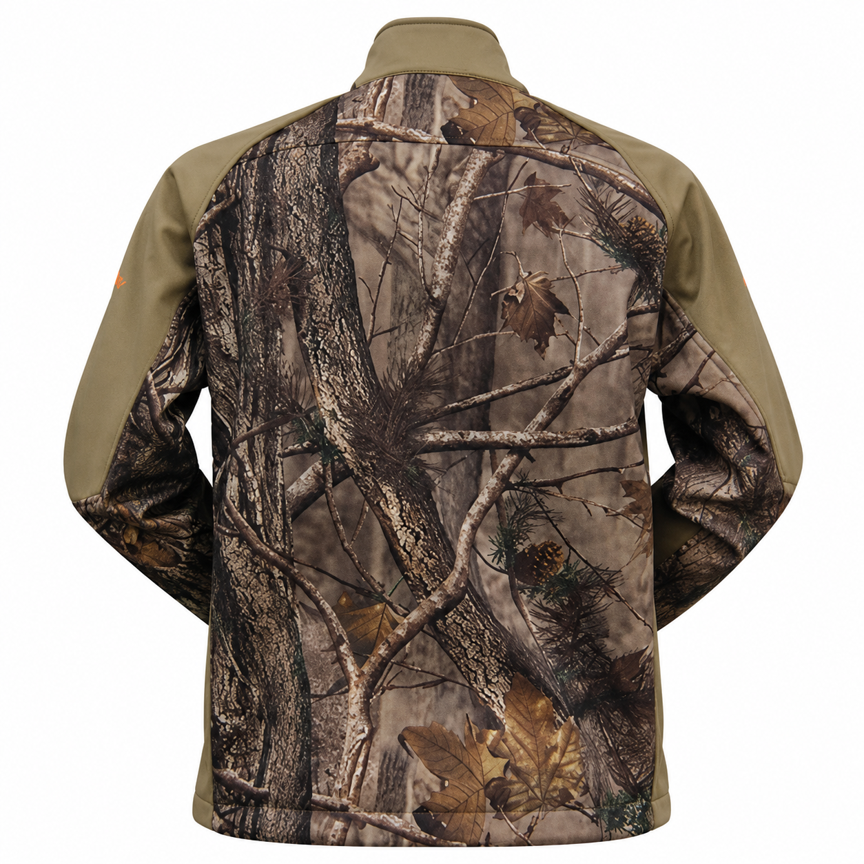 Back view of a men's camouflage soft shell jacket in nature brown with tan sleeves.