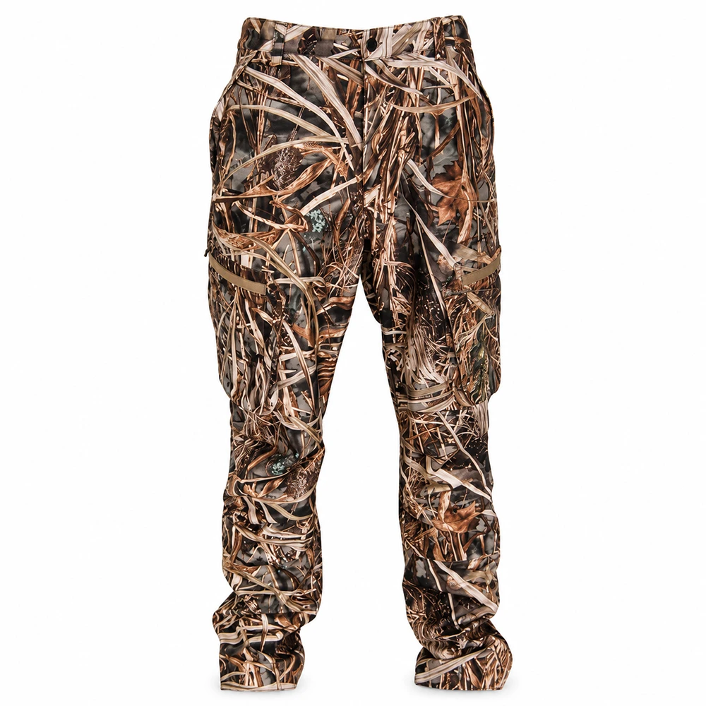 Wildfowler waterproof hunting pants in Wildgrass camo pattern with cargo pockets, front view.