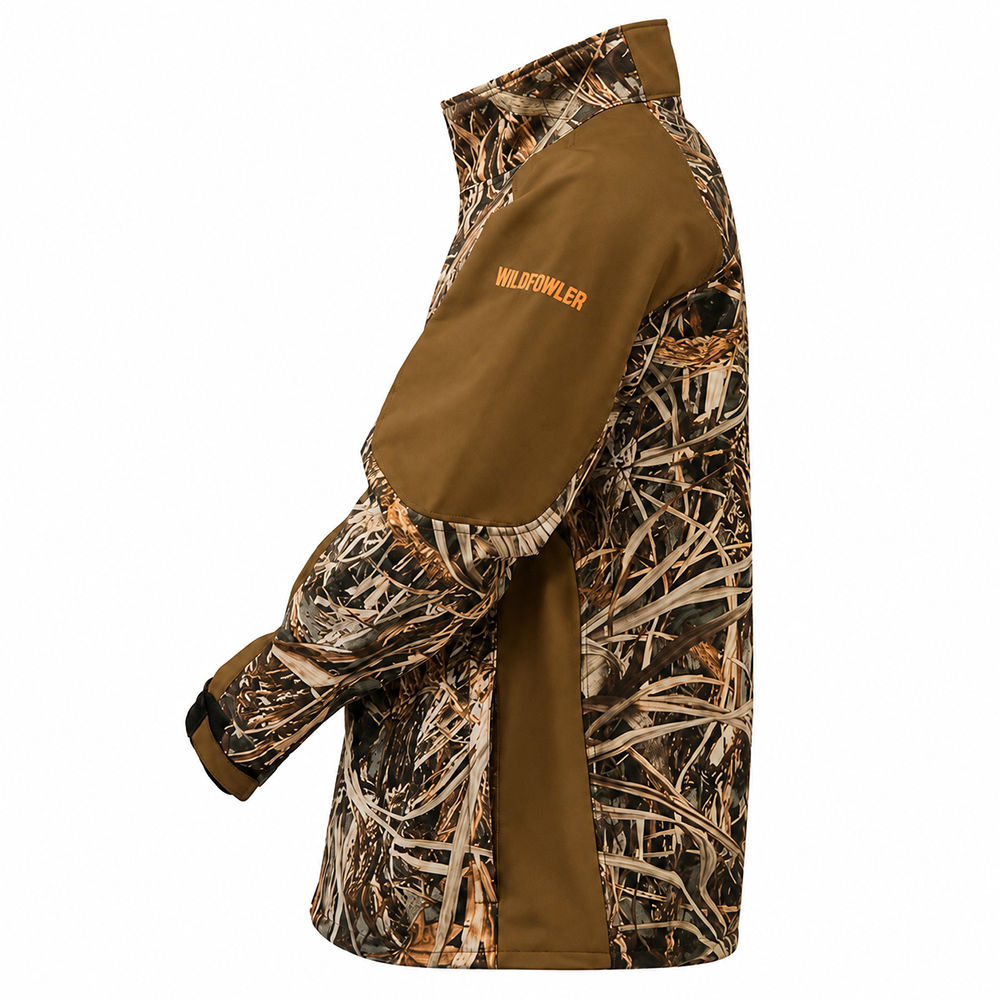 Brown and camouflage Wildfowler soft shell jacket with orange logo on sleeve.