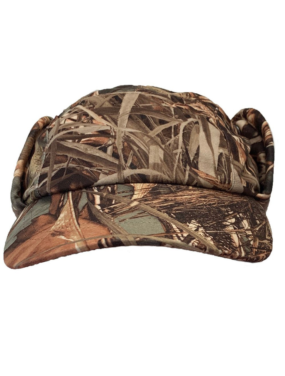 Camouflage hunting cap with ear flaps; brown, green, and tan; waterproof material.