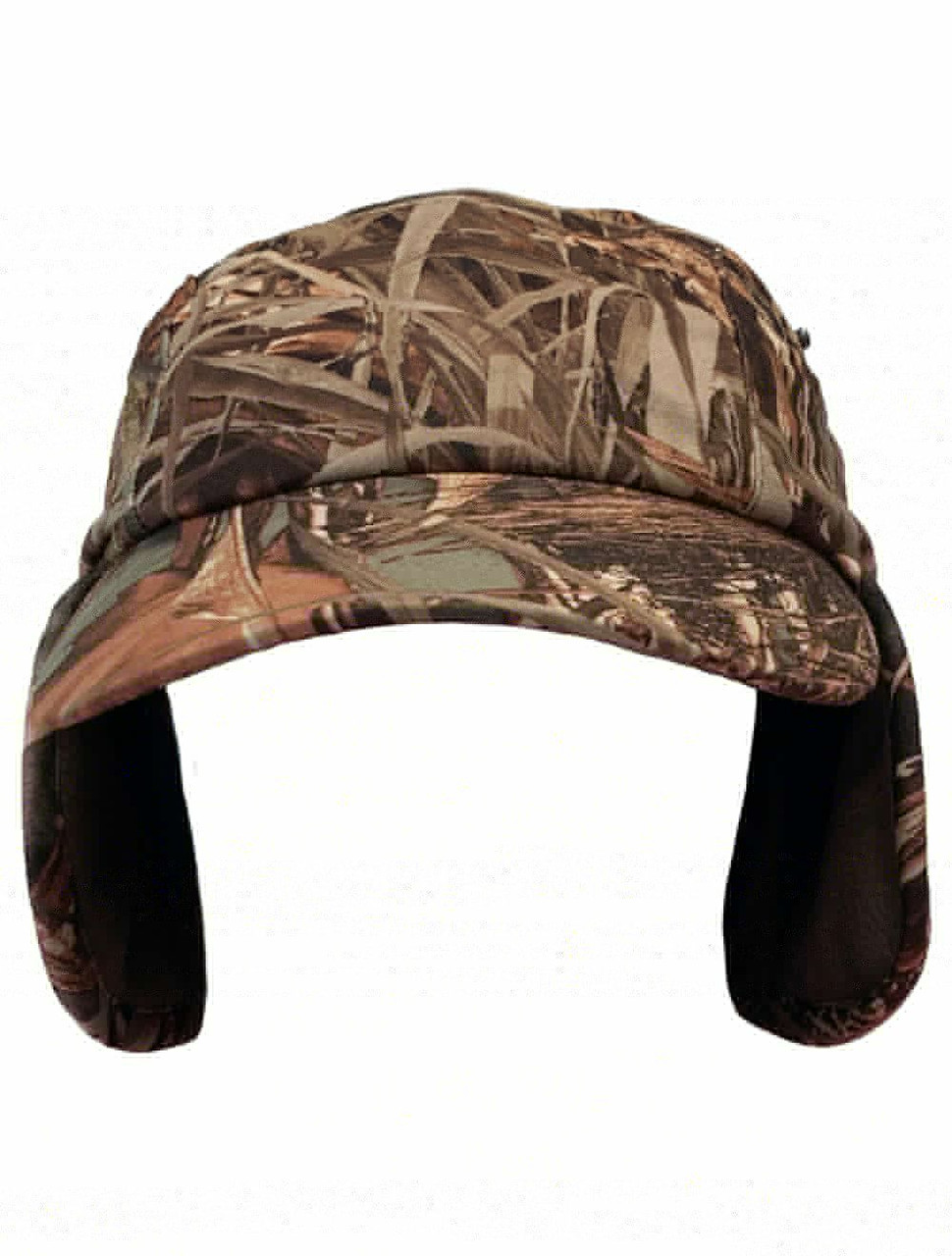 Camouflage insulated cap with ear flaps; wildgrass pattern, polar fleece lining.