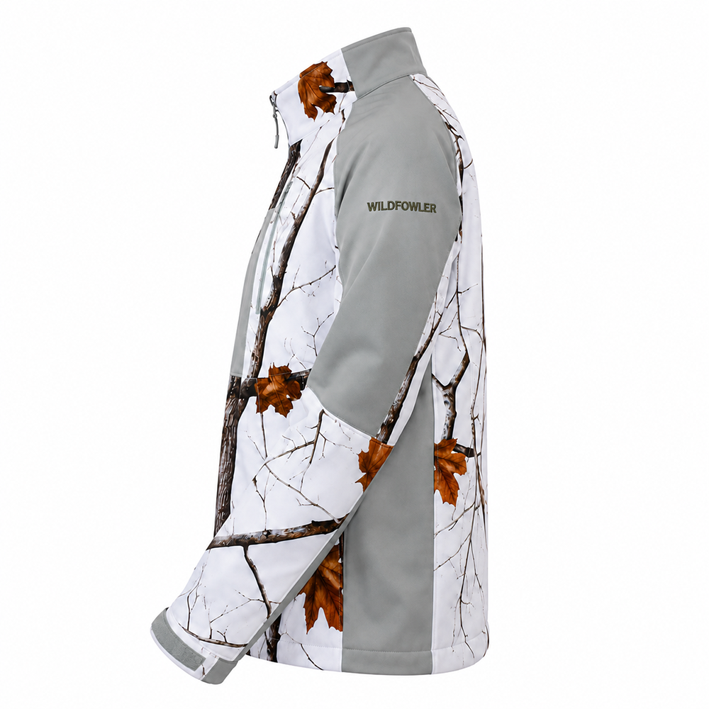 Wildfowler Wildtree Snow soft shell jacket, white with tree and leaf camouflage.