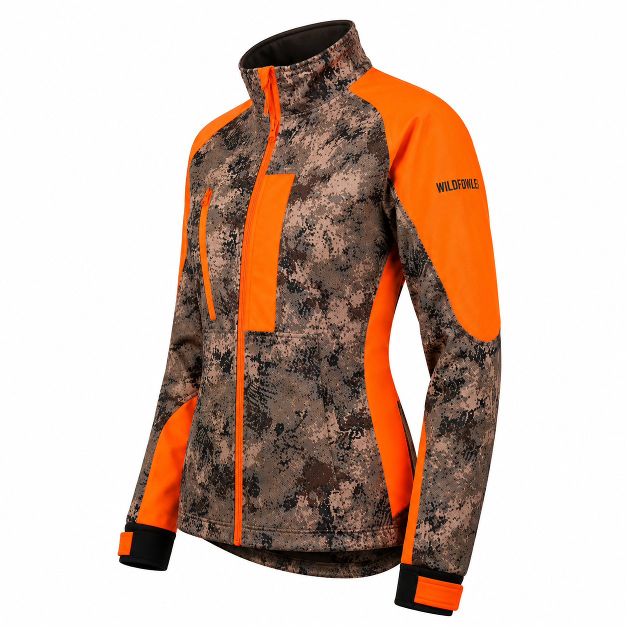 Women's Wildfowler digital upland camouflage soft shell jacket with orange accents.