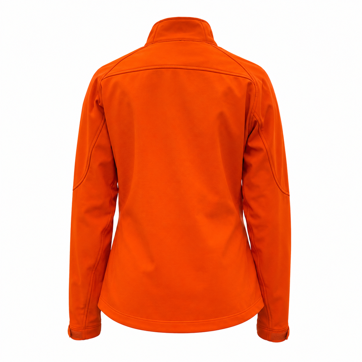 Back view of a women's blaze orange soft shell jacket with a stand-up collar.