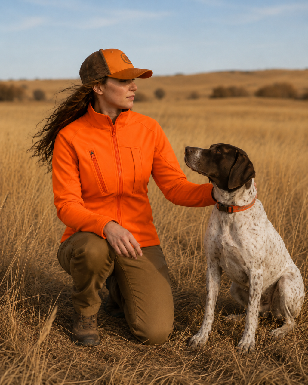 Woman in orange jacket and hat kneels with German Shorthaired Pointer in field.