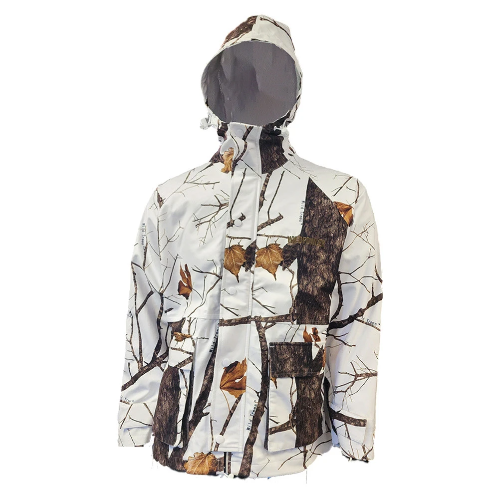 Wildfowler waterproof parka in Wildtree snow camo pattern with a mesh-lined hood and front pockets.