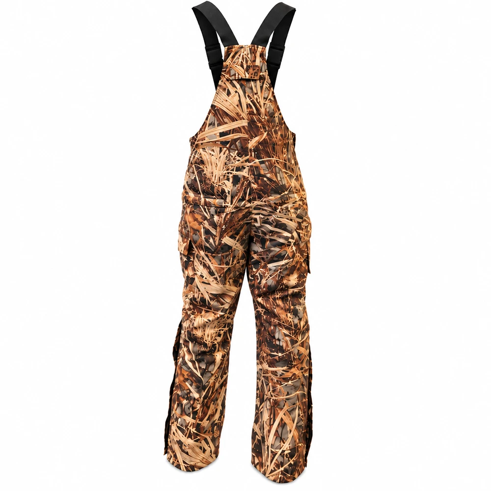 Wildfowler Wildgrass camo waterproof hunting bibs seen from behind