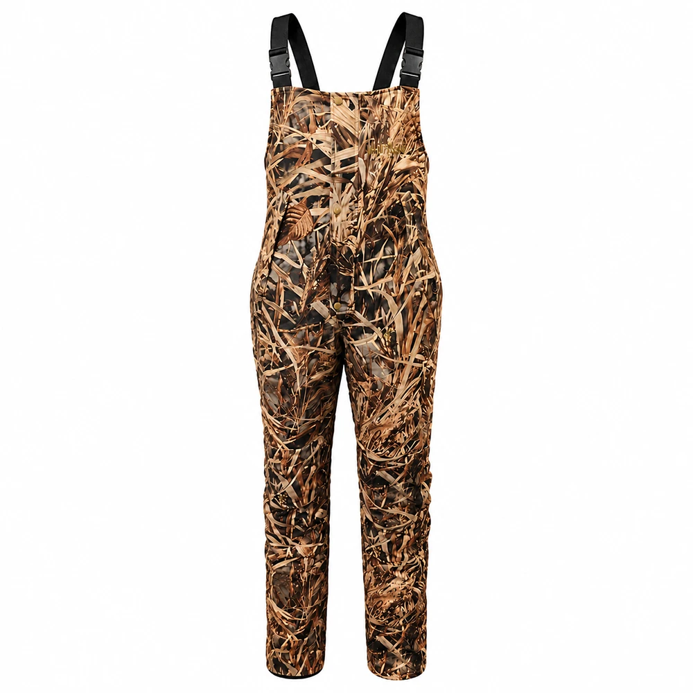 Wildfowler waterproof hunting bibs in Wildgrass camo pattern with adjustable black shoulder straps