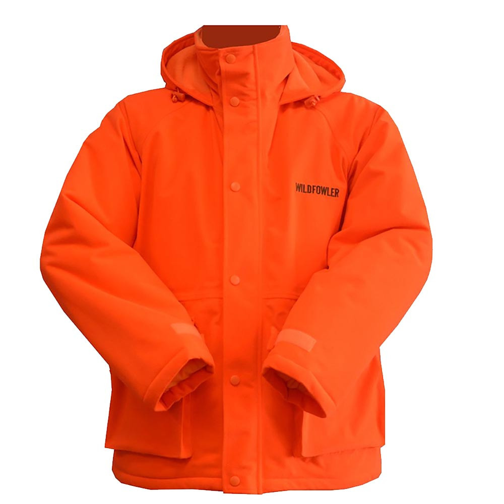 Front view of a blaze orange Wildfowler waterproof insulated parka with a hood.
