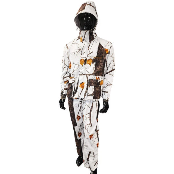 Mannequin wearing a waterproof camouflage hunting jacket and pants in Wildtree Snow pattern.