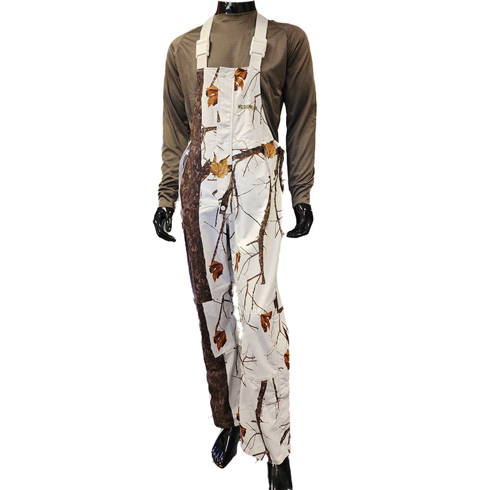 Wildfowler waterproof hunting bibs in Wildtree Snow camo on a mannequin.