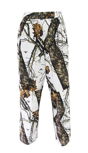 Wildfowler waterproof pants in Mossy Oak Winter Break Up camo, featuring an elastic waistband and full-length legs.