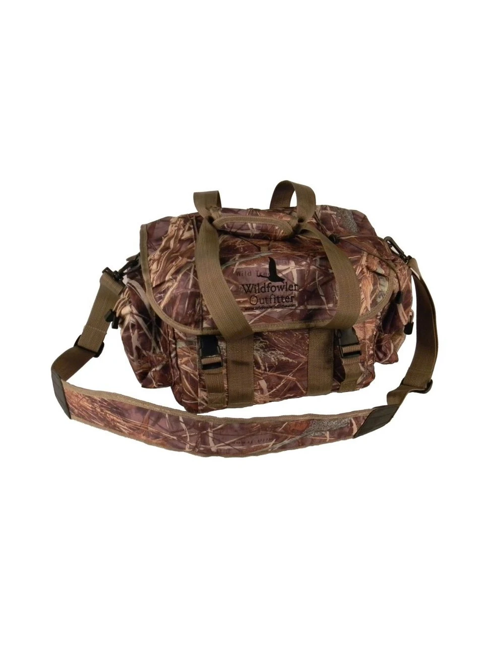 Wildfowler Wildgrass camo hunting gear bag with shoulder strap, carry handles, and front buckle closures.