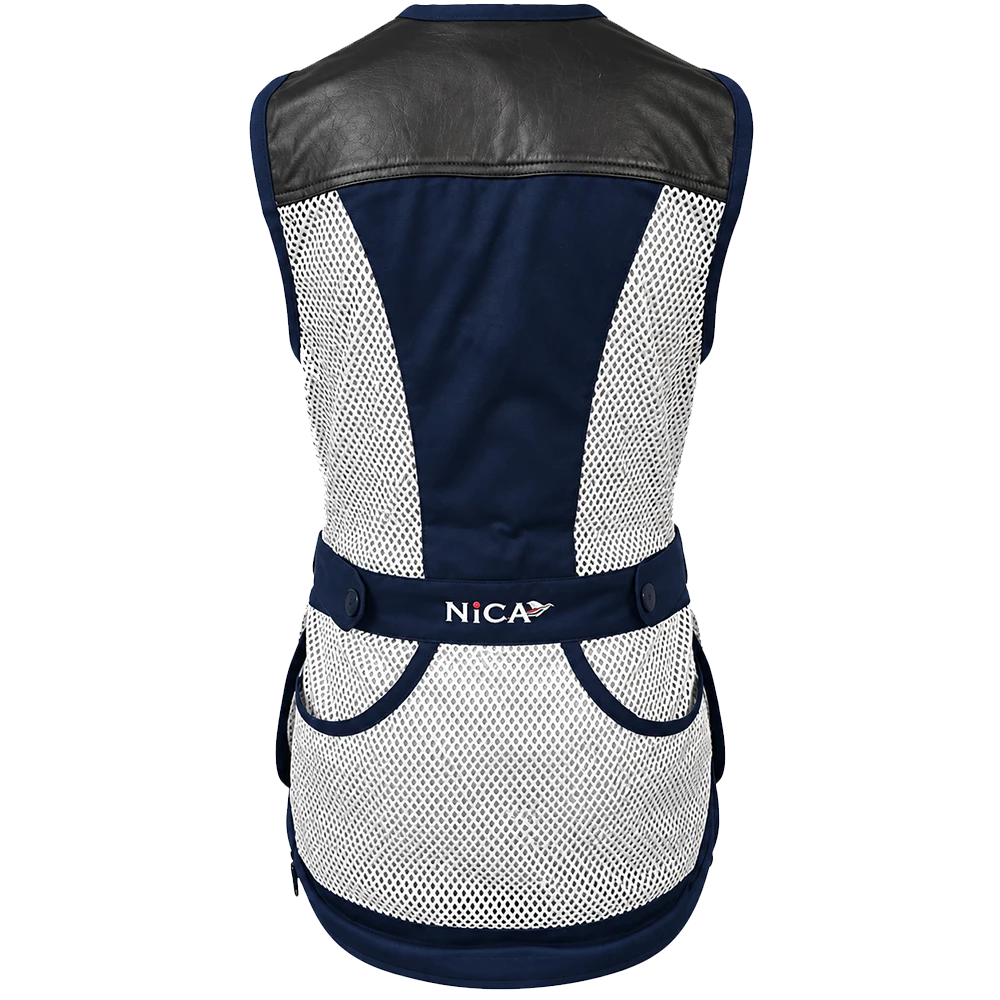 Navy and white mesh shooting vest, black leather accents, Nica logo, back view.