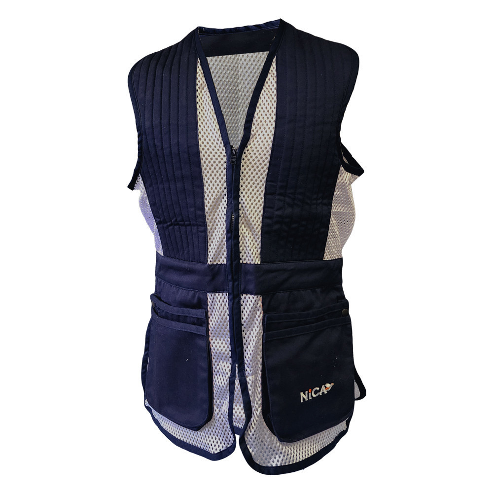 Navy blue shooting vest with white mesh panels, quilted shoulders, and deep front pockets.