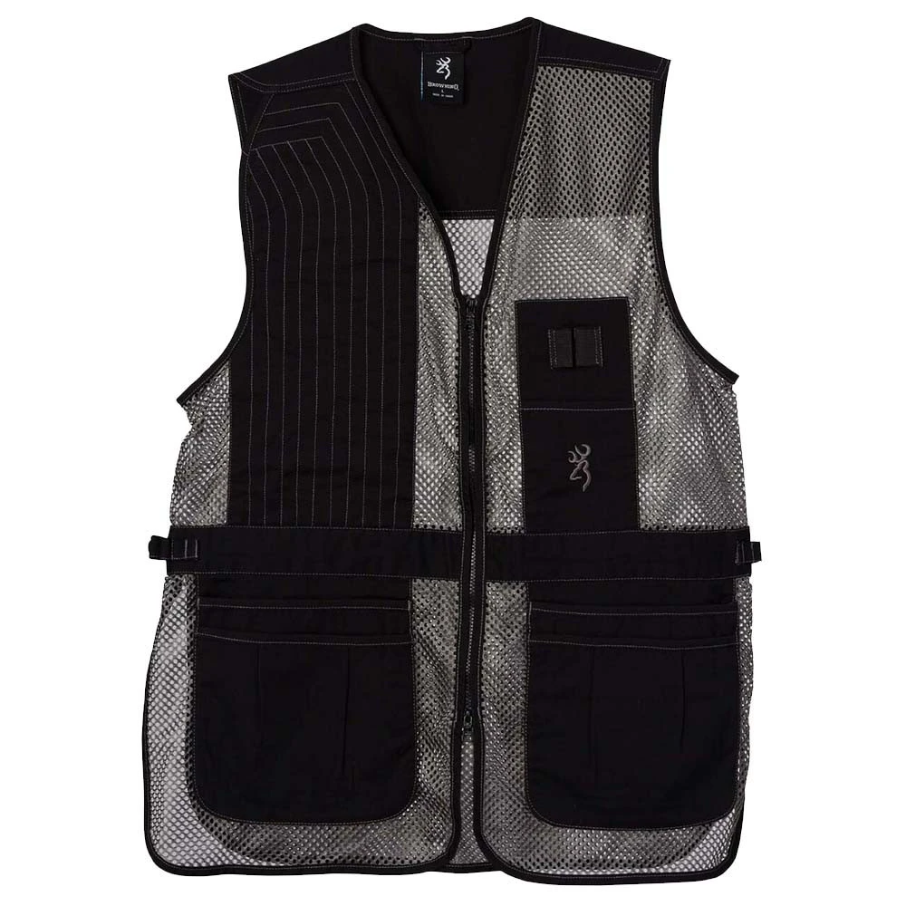 Browning black and gray mesh shooting vest with shell pockets and quilted shoulder patch.
